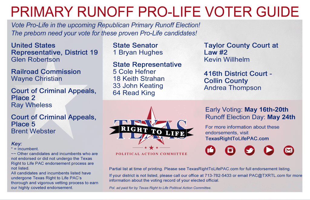2016 Pro Life Primary Runoff Voter Guide Texas Right To Life